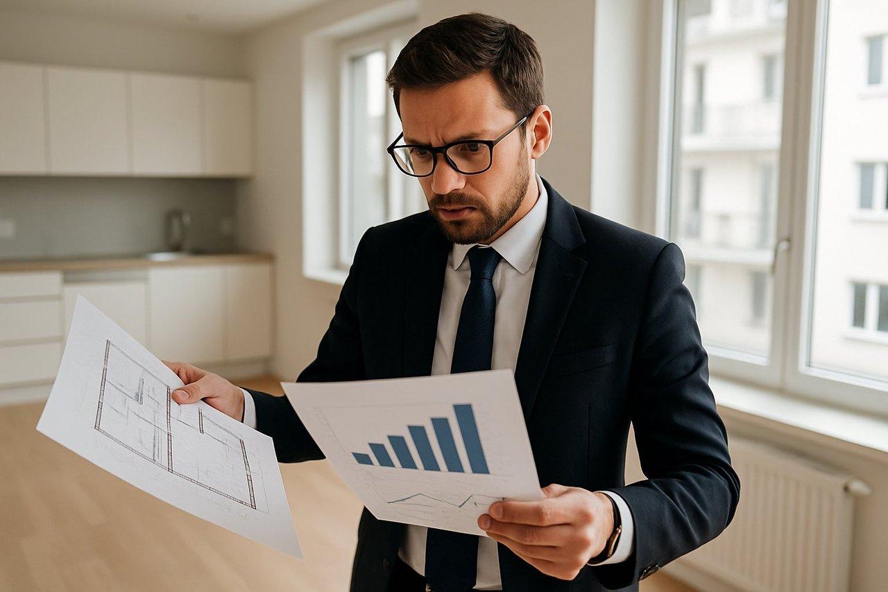 Agent immobilier professionnel analysant attentivement des graphiques et plans lors d’une visite d’appartement lumineux et moderne.
