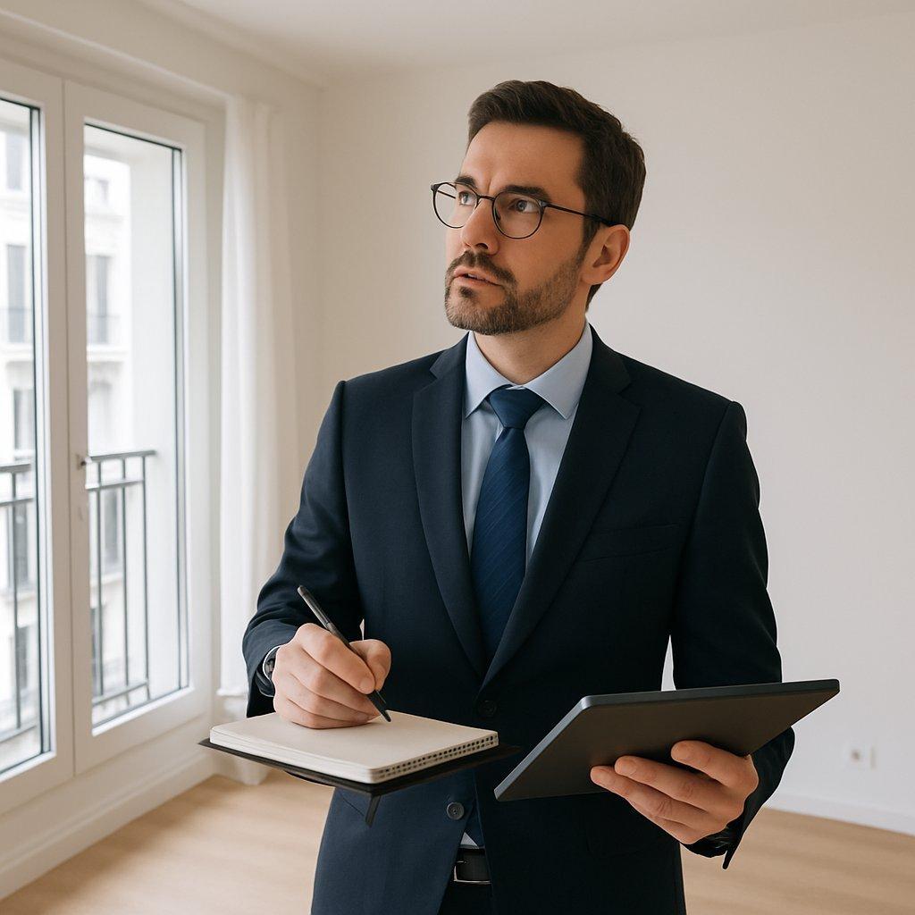Agent immobilier professionnel en visite dans un appartement lumineux, examinant attentivement les détails du bien.