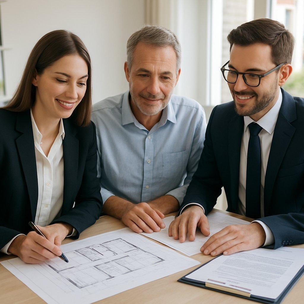 Agents immobiliers sérieux discutant avec un propriétaire autour de plans et documents lors d'une visite professionnelle.