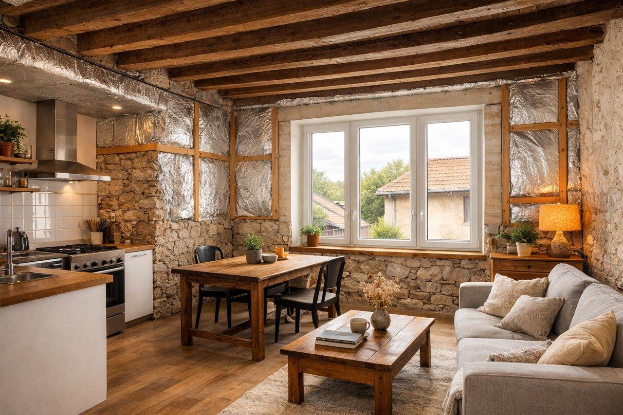 Appartement ancien rénové de 60m² en Nord-Isère avec isolation thermique et fenêtres modernes lumineux.