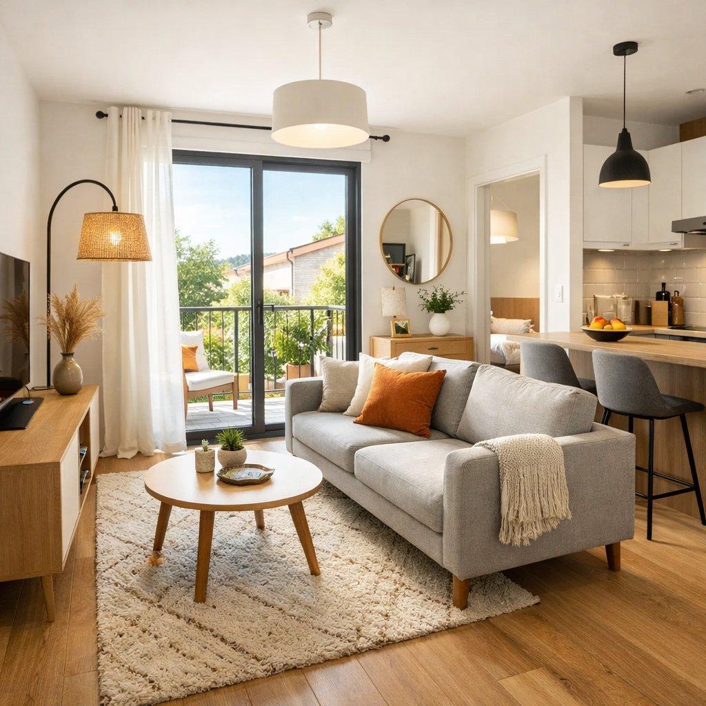 Appartement T2 lumineux aux Abrets, intérieur moderne, ambiance chaleureuse et mobilier design.