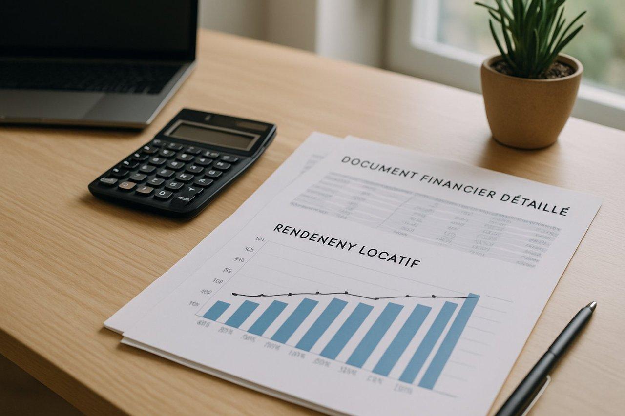 Bureau moderne avec calculatrice, documents financiers et graphique illustrant le rendement locatif.