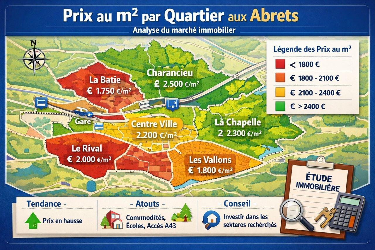 Carte colorée détaillée illustrant les écarts de prix au mètre carré dans les quartiers des Abrets en 2026.