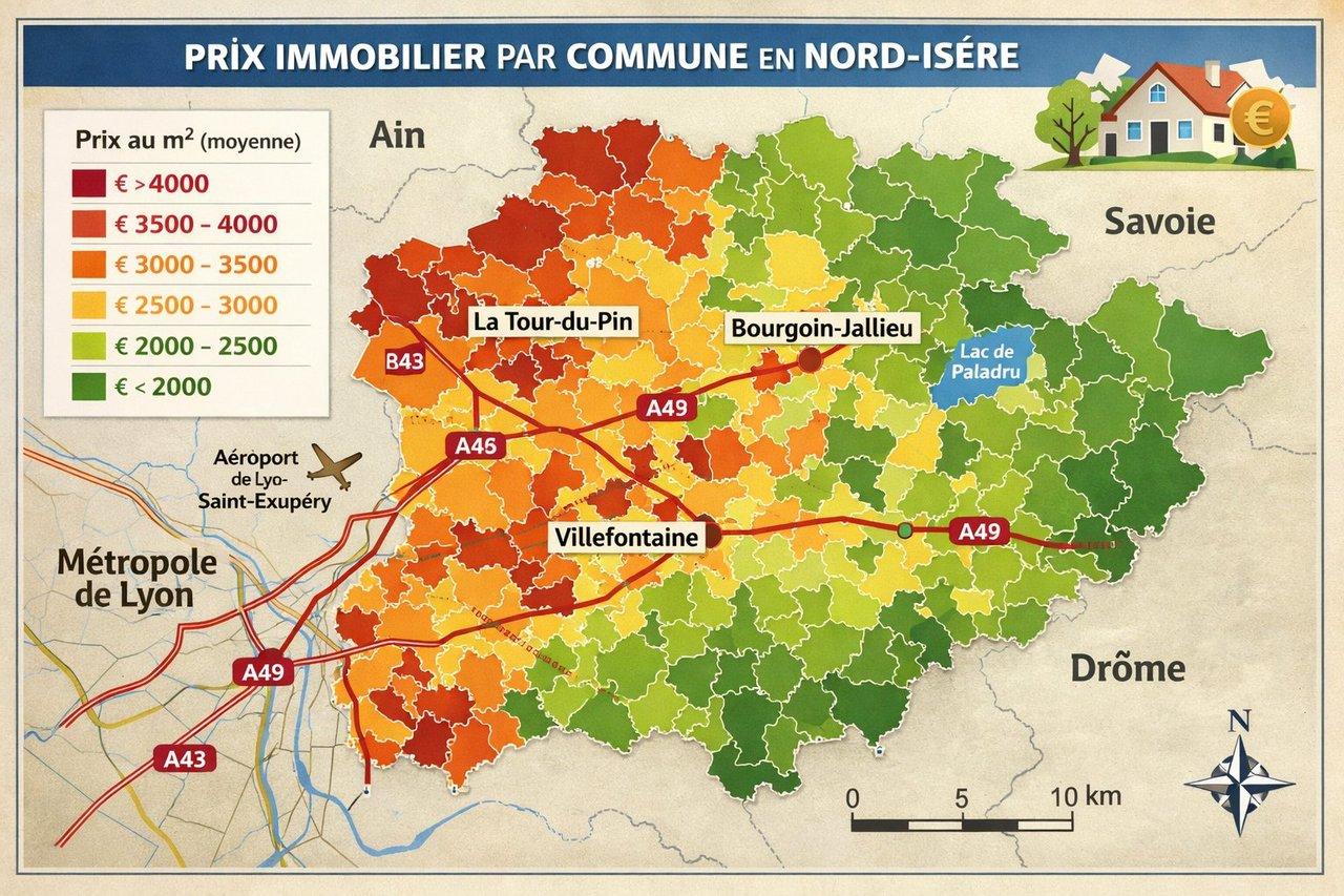 Carte colorée et détaillée des prix immobiliers par commune en Nord-Isère, illustrant les variations du prix au m².