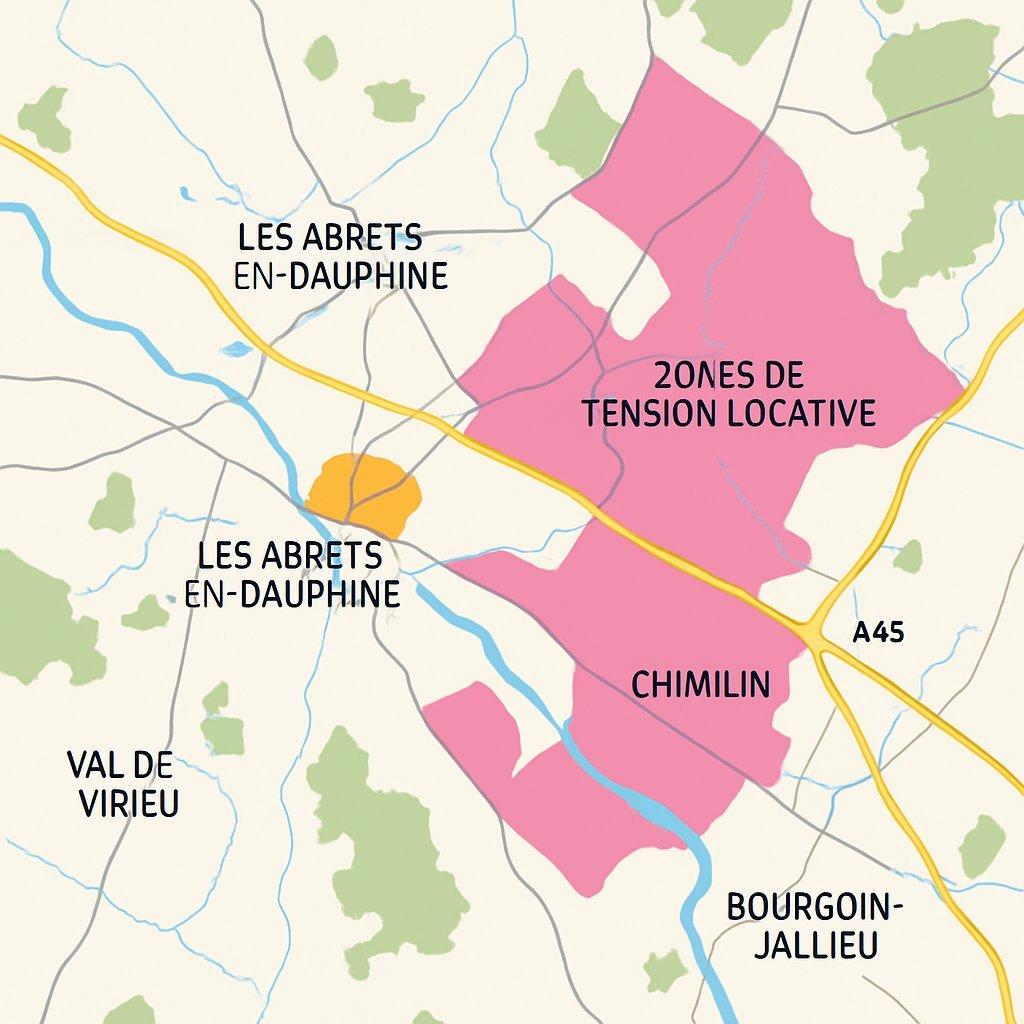 Carte détaillée et colorée des quartiers dynamiques et zones de tension locative aux Abrets et Nord-Isère.