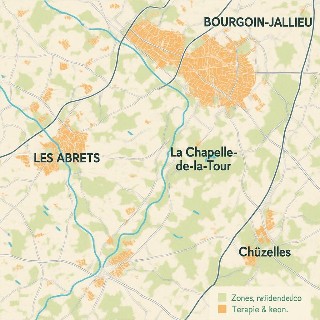 Carte détaillée et colorée du Nord-Isère : zones résidentielles et terrains à bâtir en 2025.