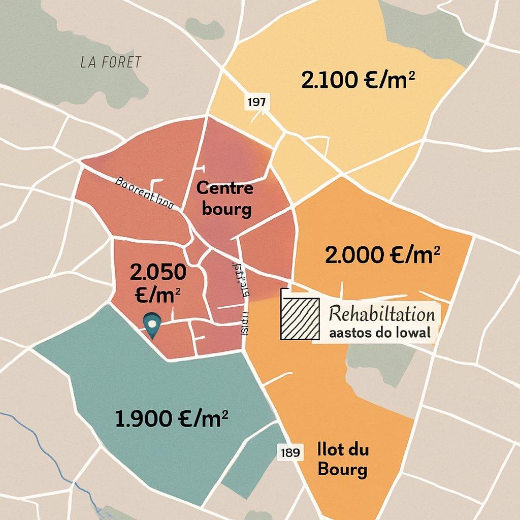 Carte professionnelle détaillée de La Bâtie-Divisin, quartiers colorés, prix au m² et projets urbains en cours.