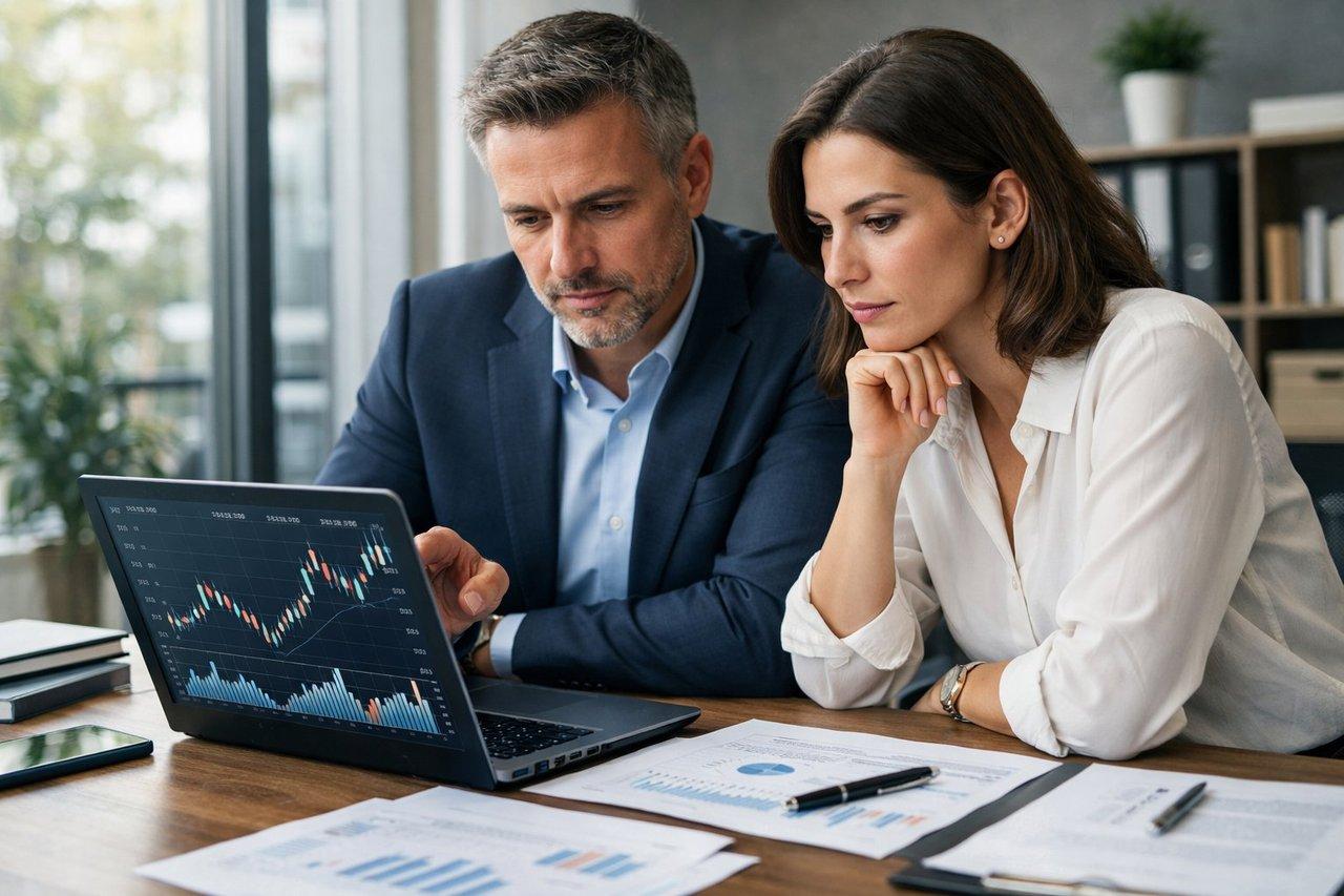 Couple sérieux analysant une simulation de taux d’endettement en Nord-Isère dans un bureau moderne.