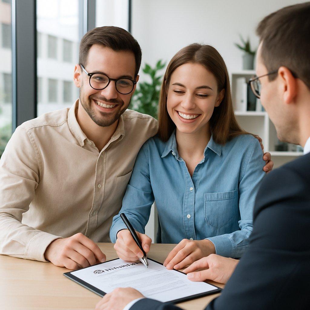 Couple souriant signant l’acte de vente chez un notaire en bureau moderne, symbole d’un achat sécurisé aux Abrets.