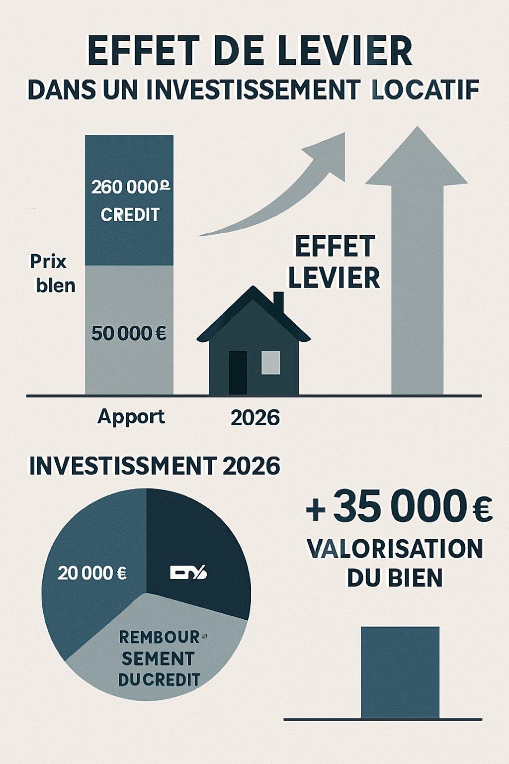 Diagramme financier moderne illustrant l’effet de levier dans un investissement locatif à Les Abrets en 2026.
