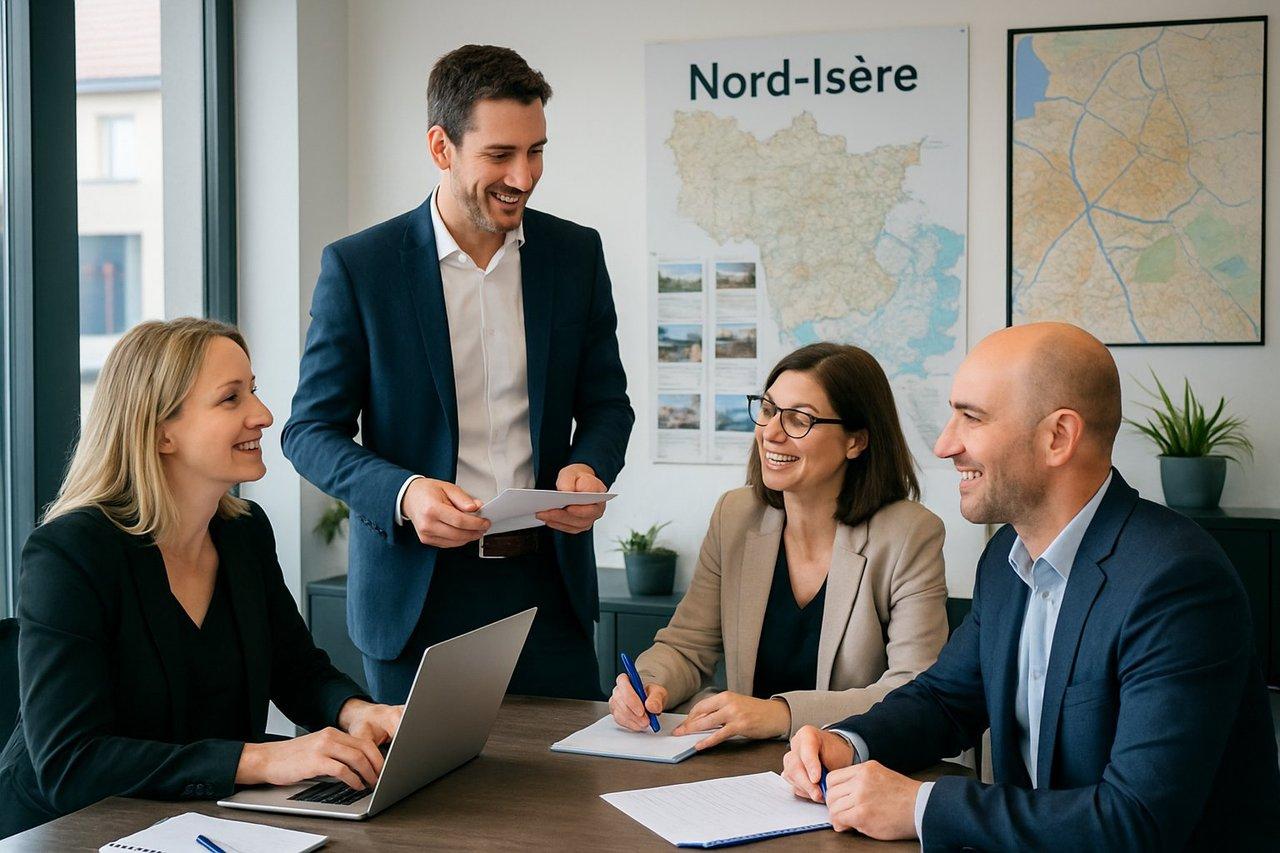 Équipe professionnelle en agence immobilière moderne du Nord-Isère, bureaux lumineux et échanges dynamiques.