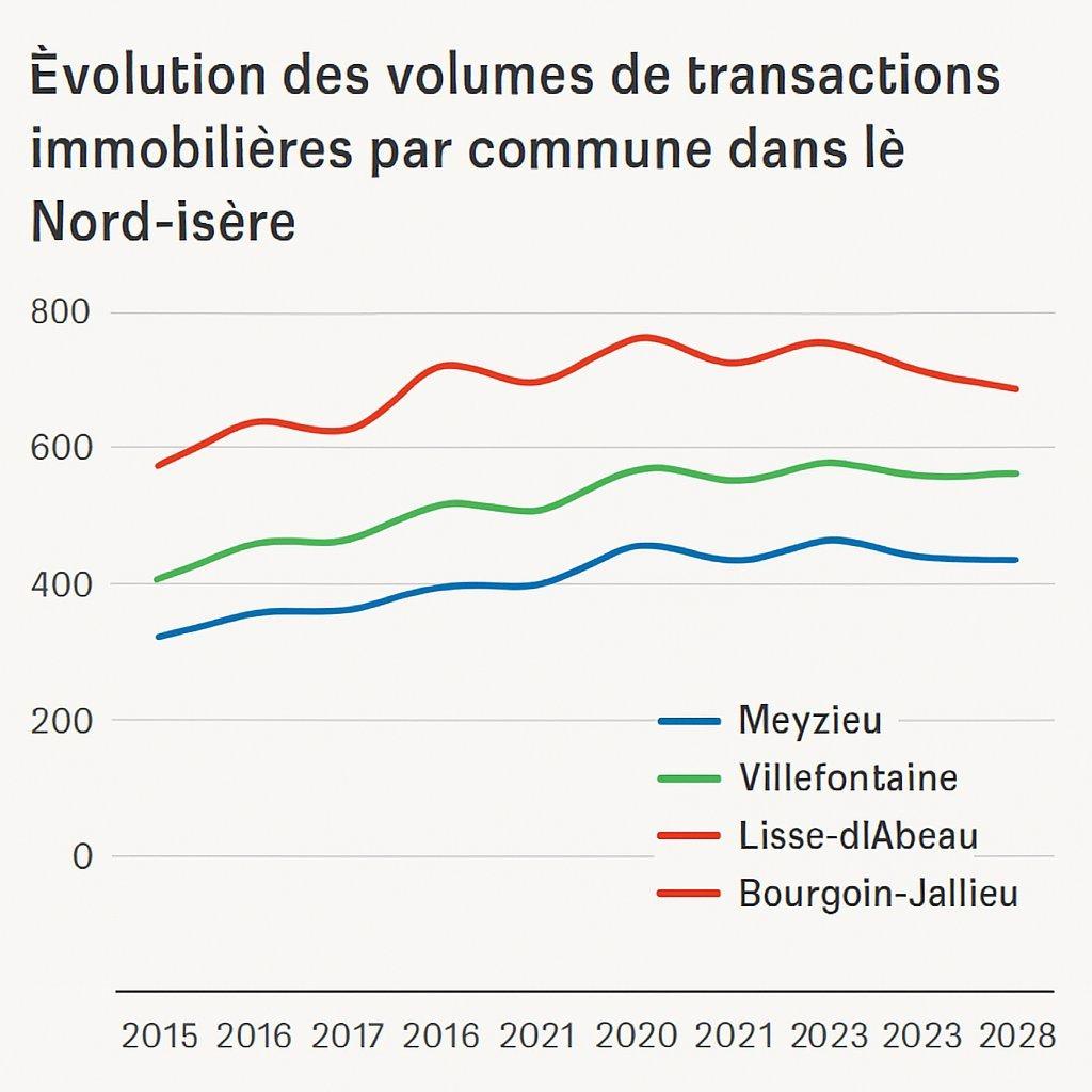 Graphique professionnel illustrant l’évolution des volumes de transactions immobilières par commune dans le Nord-Isère.