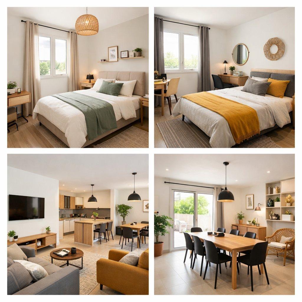 Intérieur moderne et lumineux d’une colocation aux Abrets avec chambres privées élégantes et espaces communs fonctionnels.