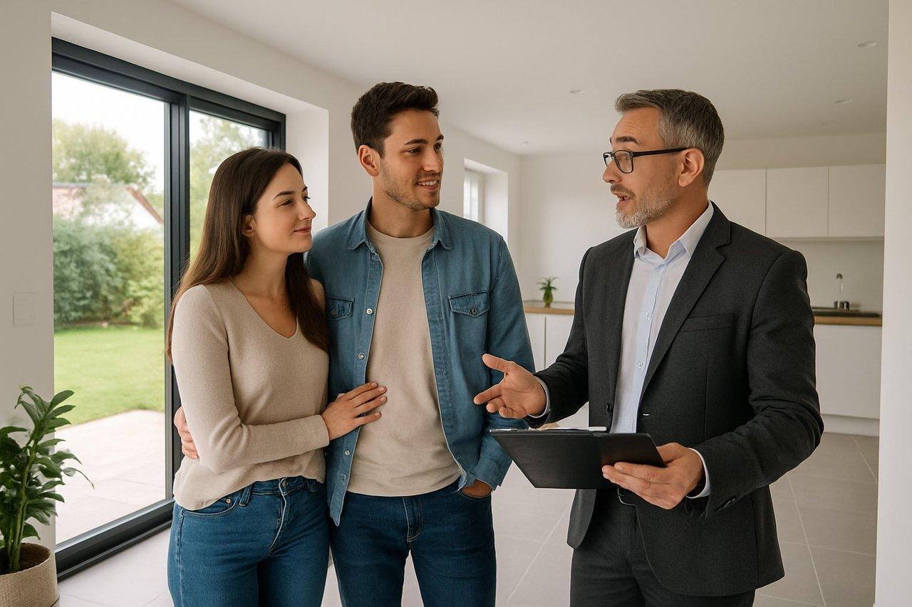 Jeune couple visitant une maison moderne aux Abrets avec un courtier lors d'une inspection technique.