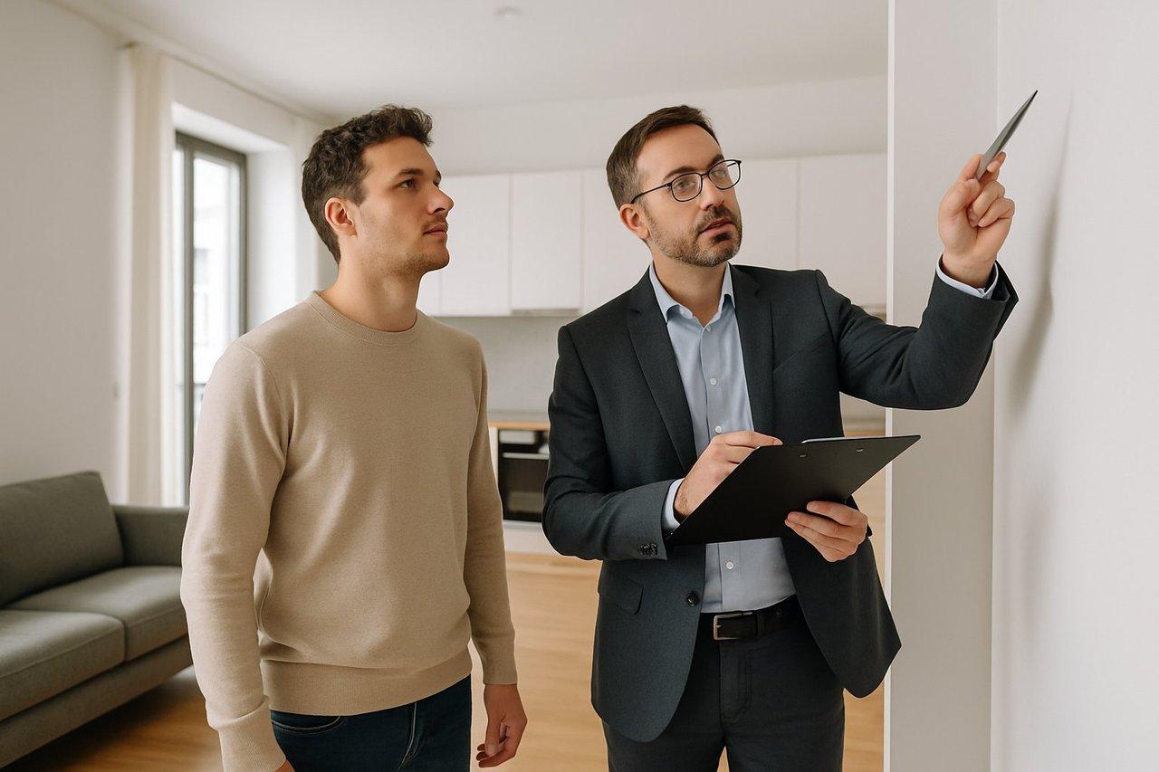 Locataire et bailleur réalisant un état des lieux lumineux dans un appartement moderne, ambiance professionnelle et sereine.