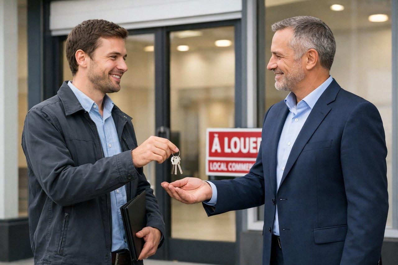 Locataire remettant les clés à un bailleur devant un local commercial propre, symbolisant la résiliation anticipée du bail dans le Nord-Isère.