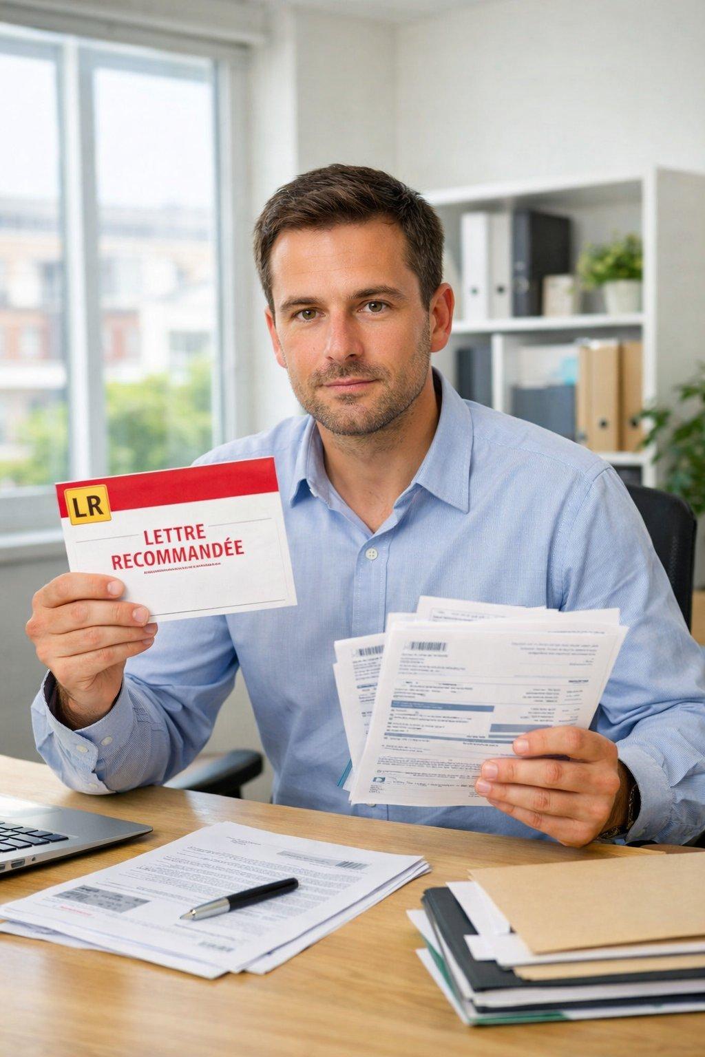 Locataire sérieux dans un bureau lumineux préparant sa résiliation d’assurance habitation avec lettre recommandée et justificatifs.