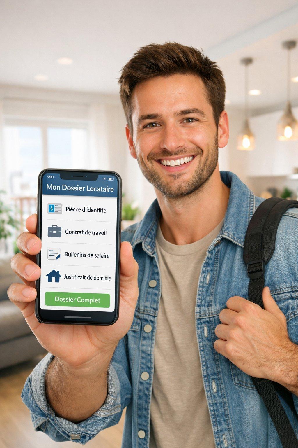 Locataire souriant en visite d’appartement, présentant son dossier numérique organisé sur smartphone dans une ambiance lumineuse.