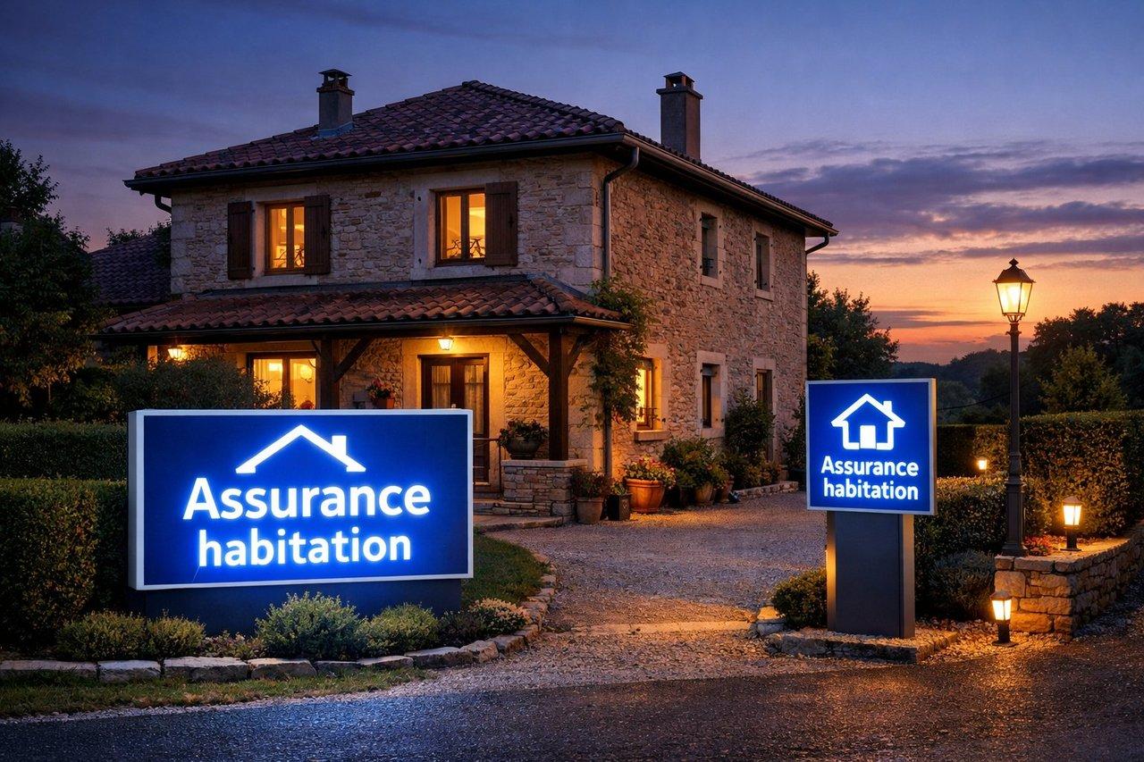 Maison locative typique en Nord-Isère au crépuscule, avec panneaux lumineux modernes indiquant « Assurance habitation ».