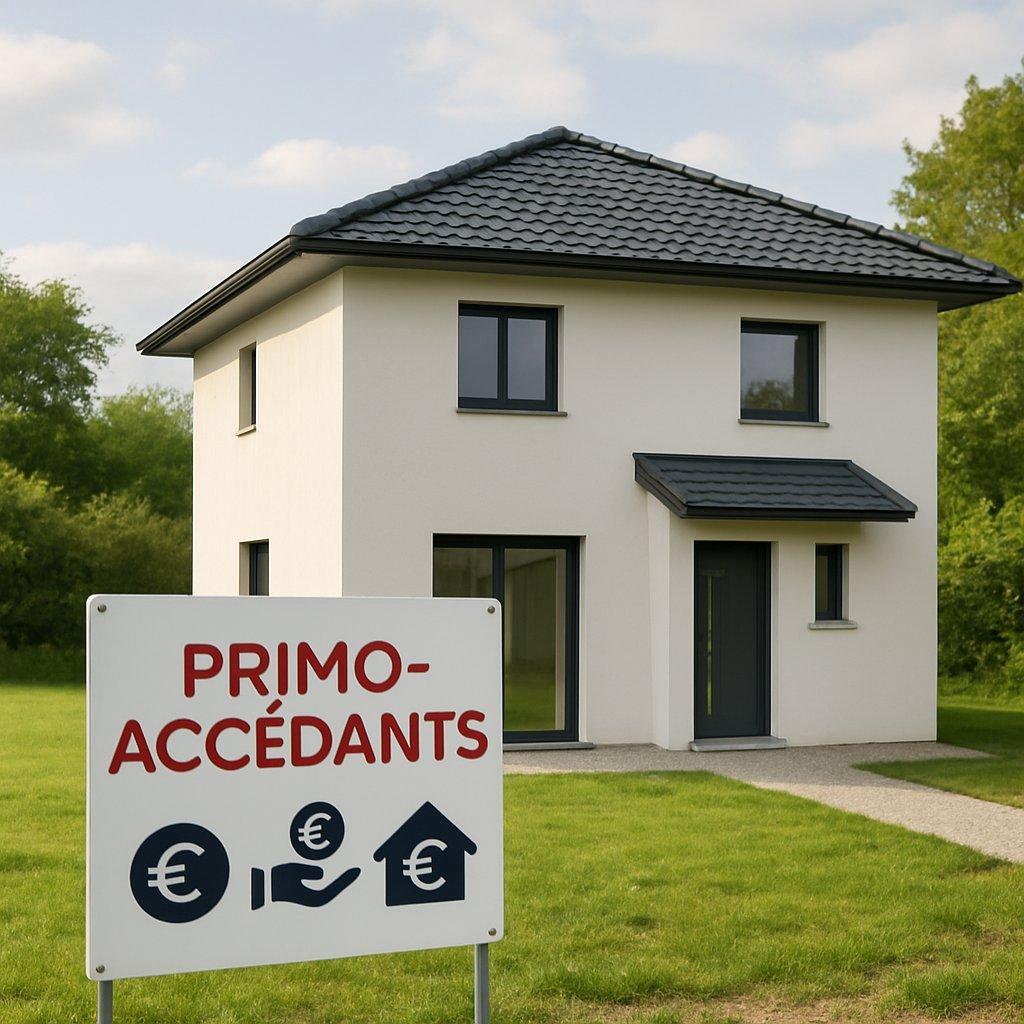 Maison neuve moderne en Nord-Isère pour primo-accédants, avec aides financières symbolisées et environnement naturel.