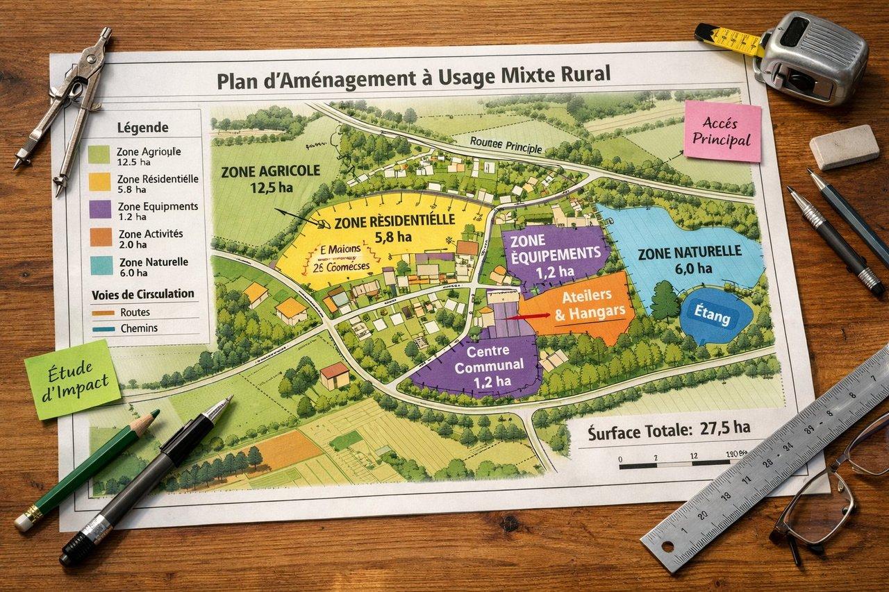 Plan architectural détaillé affiché sur une table en bois, illustrant la méthode de calcul de la valeur locative en zone rurale à usage mixte.