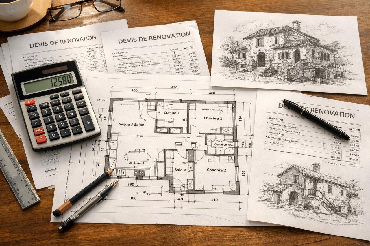 Plan architectural détaillé posé sur un bureau avec devis de rénovation, calculatrice et croquis pour estimation travaux.