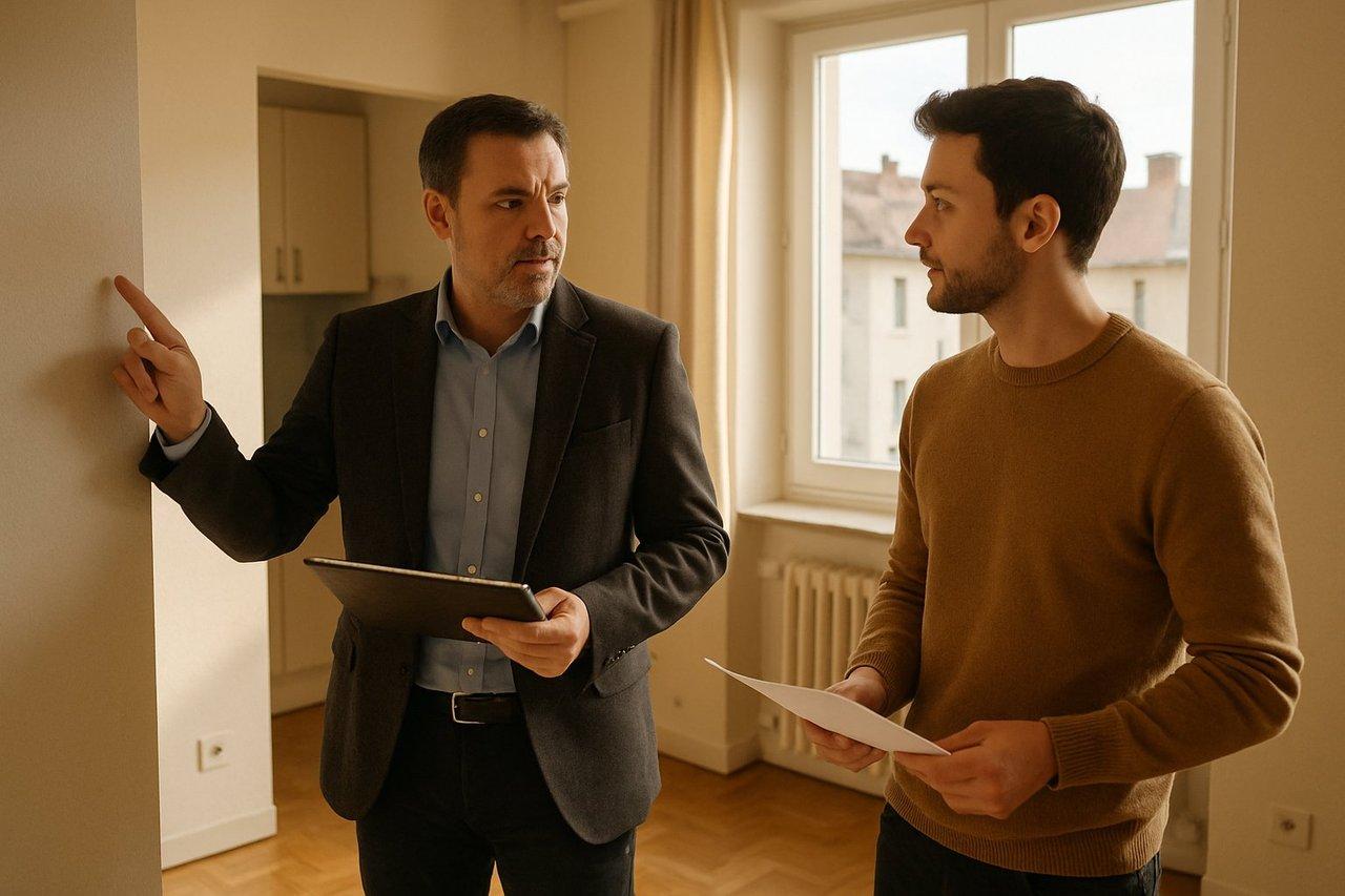 Propriétaire sérieux informe un locataire attentif des travaux à venir dans un appartement lumineux du Nord-Isère.