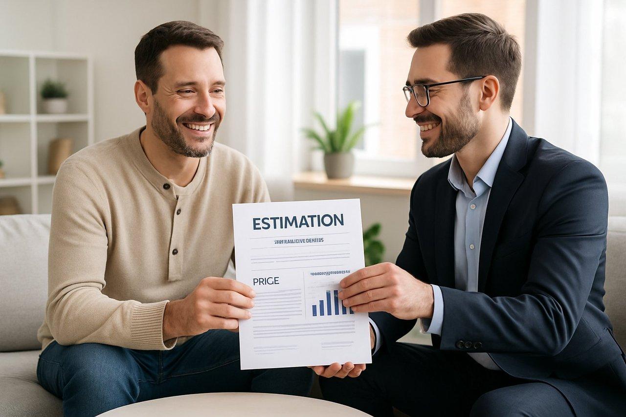 Propriétaire souriant recevant un rapport d’estimation détaillé d’un agent immobilier dans un salon moderne et lumineux.