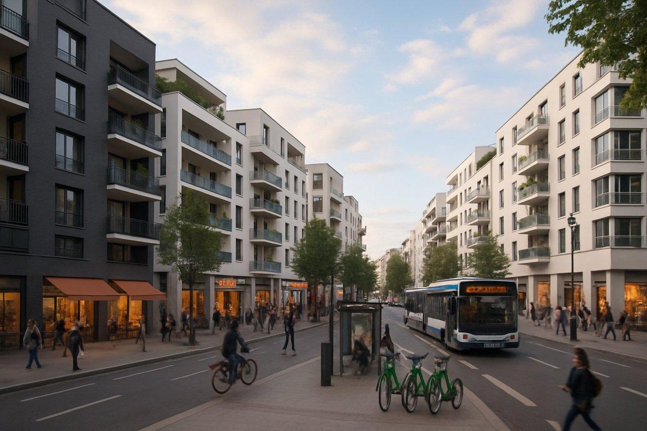 Quartier résidentiel moderne et dynamique avec commerces, transports et rues animées, idéal pour l'investissement locatif.