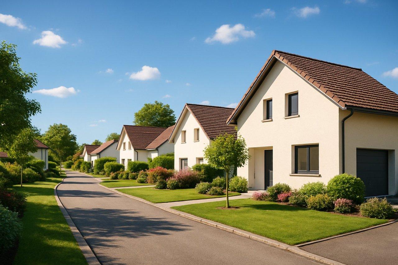 Quartier résidentiel paisible aux Abrets avec maisons modernes, jardins soignés et rue verdoyante ensoleillée.