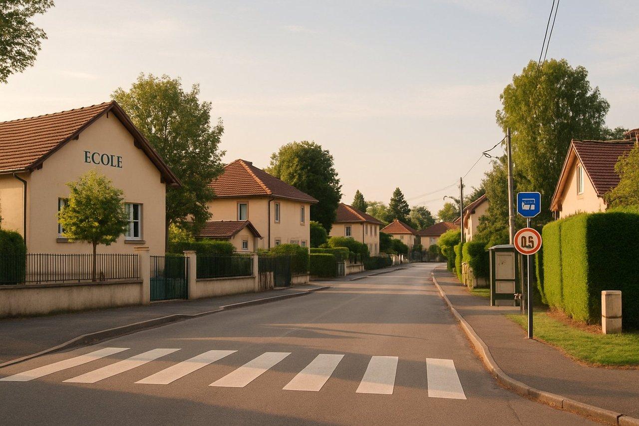 Quartier résidentiel paisible aux Abrets avec rues calmes, écoles et arrêts de bus en lumière naturelle douce.