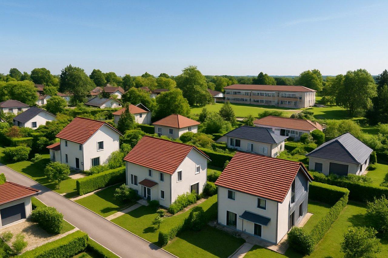 Quartier résidentiel paisible aux Abrets, maisons modernes entourées d’espaces verts et proximité d’une école.