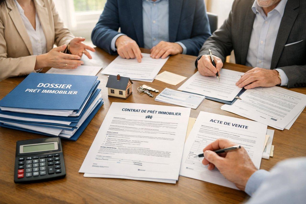 Réunion professionnelle autour d’un dossier de prêt immobilier avec documents officiels et calculatrice pour primo-accédants en 2026.