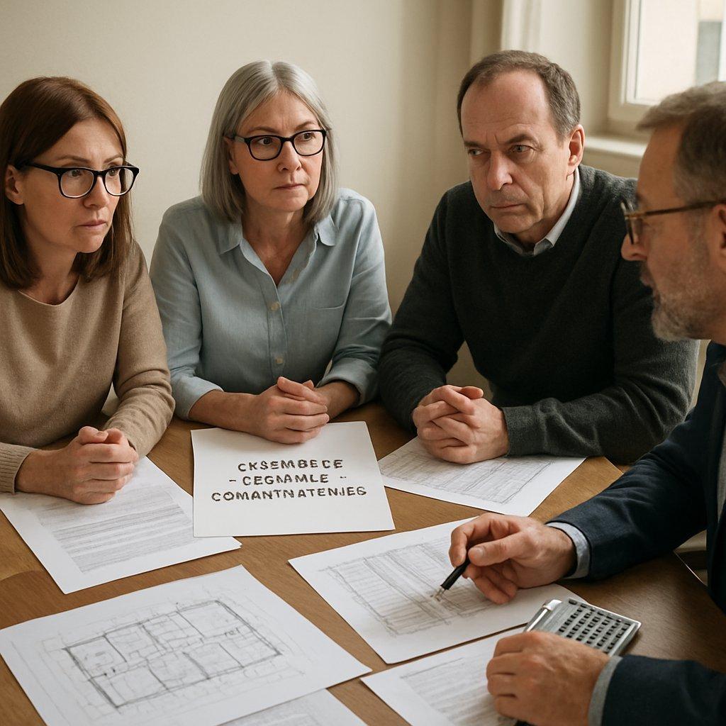 Réunion sérieuse d’assemblée générale de copropriétaires avec documents, plans et calculs pour maîtriser les charges.