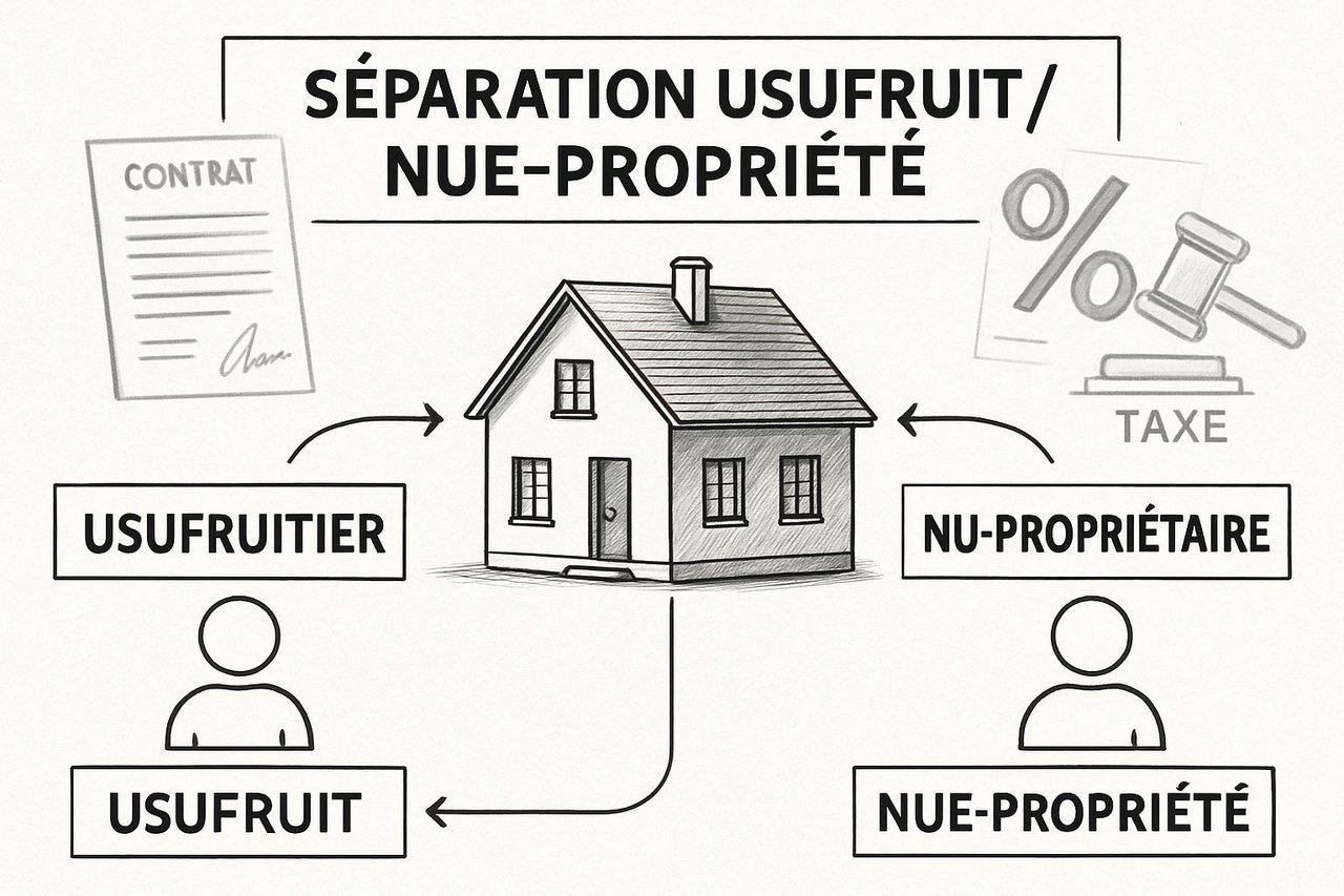 Schéma professionnel détaillé illustrant la séparation usufruit/nue-propriété dans l'investissement locatif.