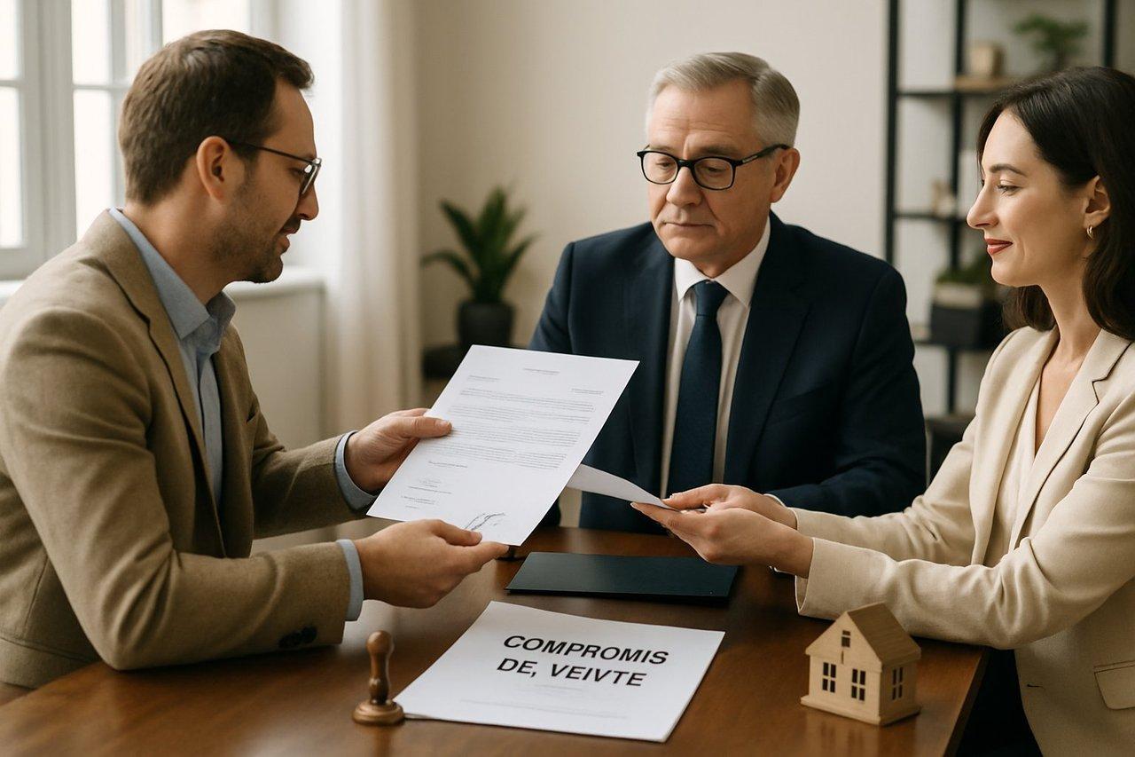 Signature formelle d’un compromis de vente immobilière chez un notaire aux Abrets, échange de documents officiels.