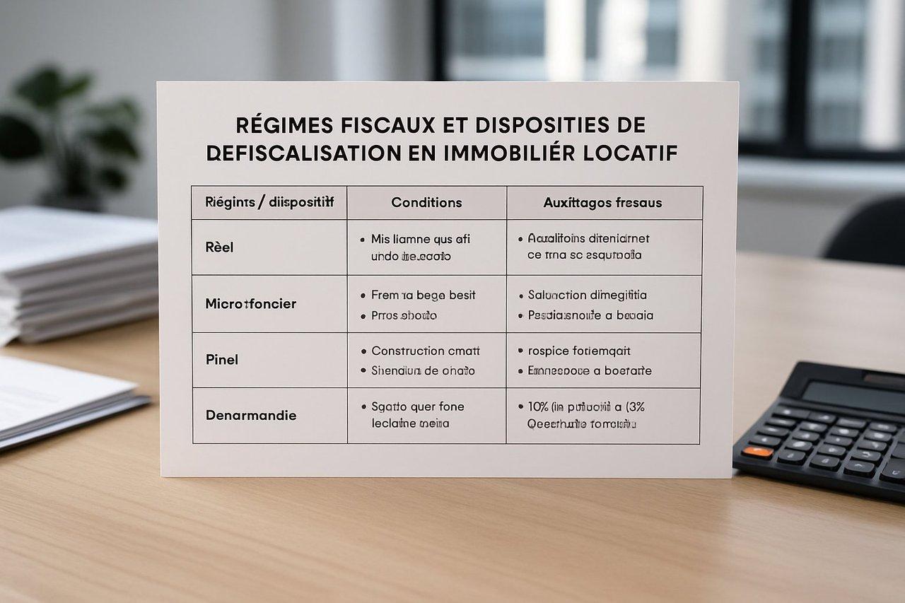 Tableau clair et élégant comparant régimes fiscaux et dispositifs de défiscalisation en immobilier locatif.