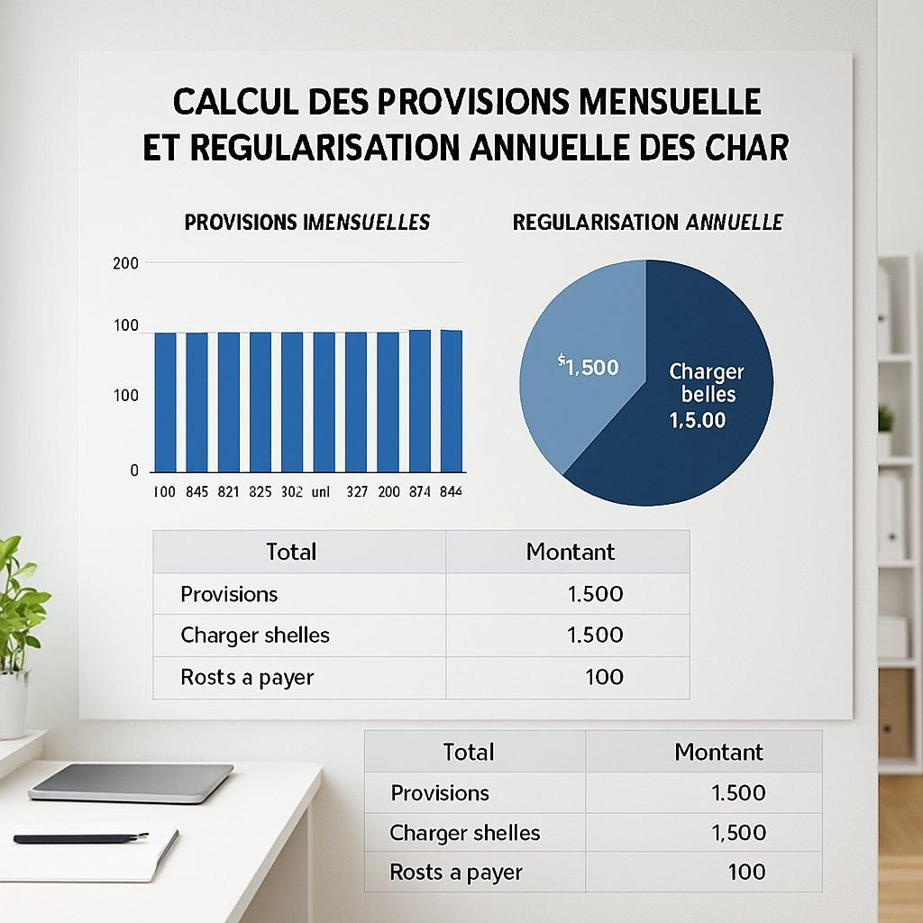 Tableau clair et professionnel illustrant le calcul des provisions mensuelles et la régularisation annuelle des charges locatives.