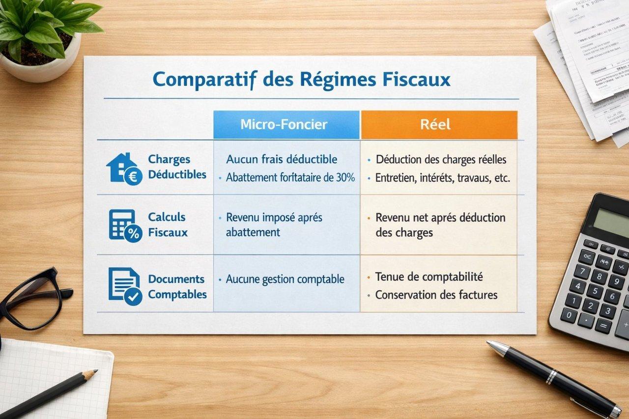 Tableau comparatif clair et professionnel entre régime micro-foncier et régime réel pour investisseurs aux Abrets.
