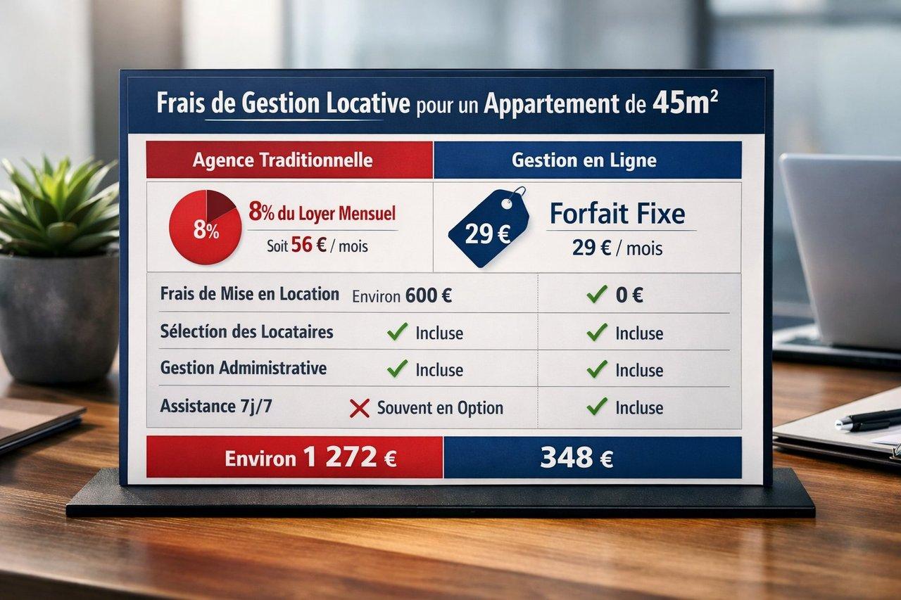 Tableau comparatif élégant des frais de gestion locative pour appartement 45m², agence traditionnelle versus gestion en ligne.