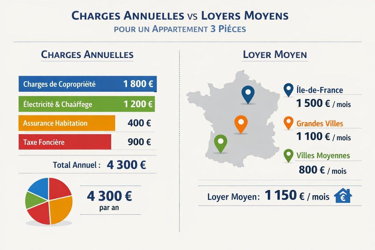 Tableau moderne comparant charges annuelles et loyers moyens pour un appartement 3 pièces aux Abrets.