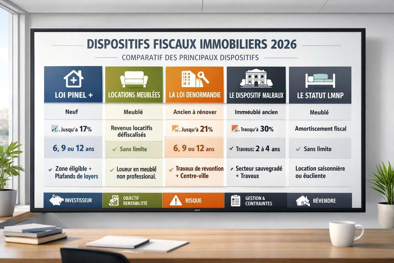 Tableau synthétique moderne sur écran numérique comparant les cinq dispositifs fiscaux immobiliers 2026.