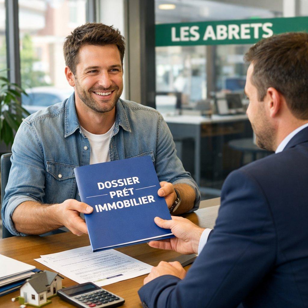 Un emprunteur souriant présente son dossier de prêt immobilier aux Abrets dans une agence moderne.
