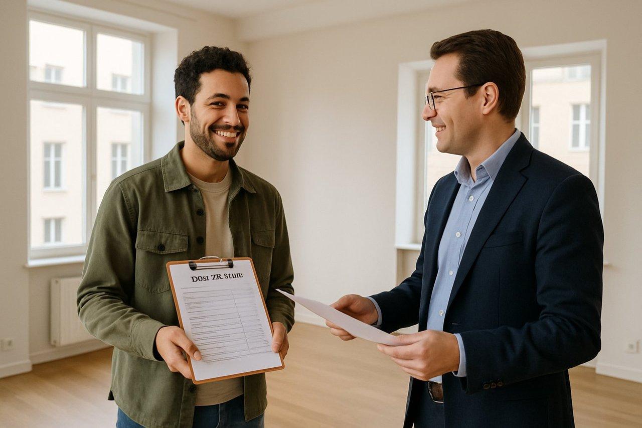 Un locataire et un propriétaire réalisant ensemble un état des lieux dans un appartement lumineux et convivial.
