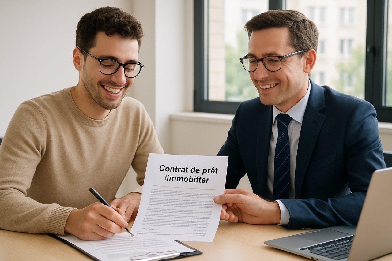 Un primo-accédant souriant signe un contrat de prêt immobilier avec un conseiller bancaire en bureau lumineux.