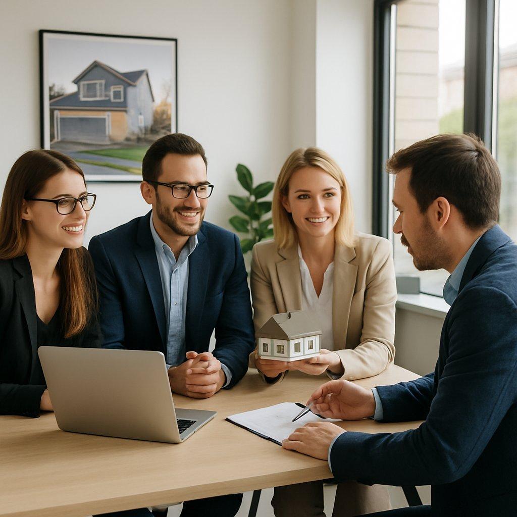 Une équipe professionnelle d’une agence immobilière locale en Nord-Isère en consultation avec un client dans un bureau lumineux.