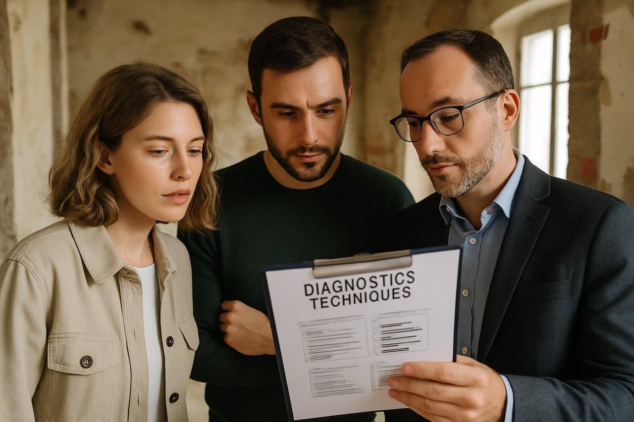 Visite d’une maison ancienne à rénover avec un couple et un expert vérifiant les diagnostics techniques.
