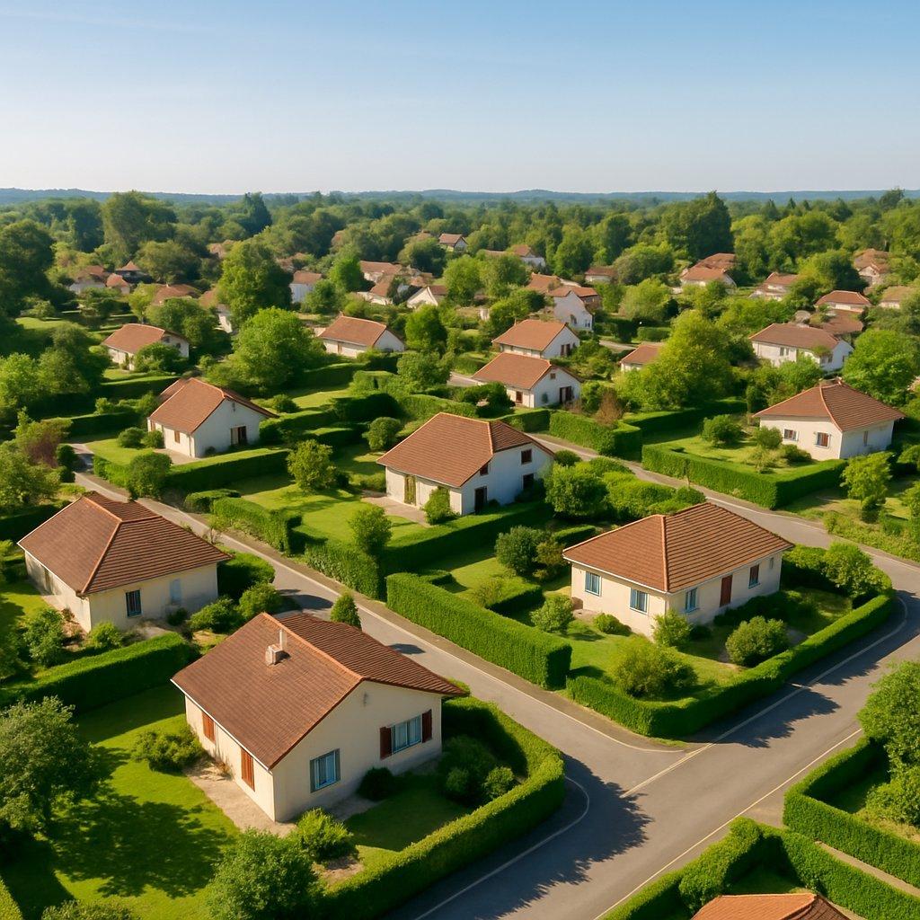 Vue aérienne d’un quartier résidentiel pavillonnaire verdoyant aux Abrets, maisons entourées de jardins et espaces verts.