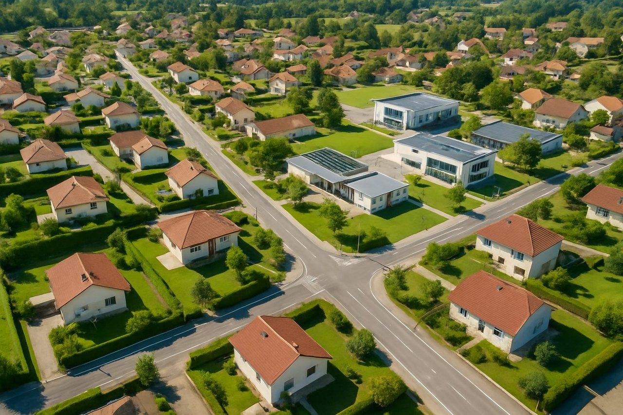 Vue aérienne lumineuse d’un quartier résidentiel à Fitilieu avec maisons familiales, espaces verts et infrastructures modernes.