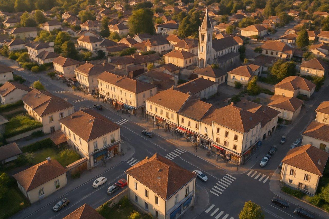 Vue aérienne lumineuse et réaliste du centre-ville des Abrets, quartiers résidentiels et commerces en ambiance urbaine dynamique.